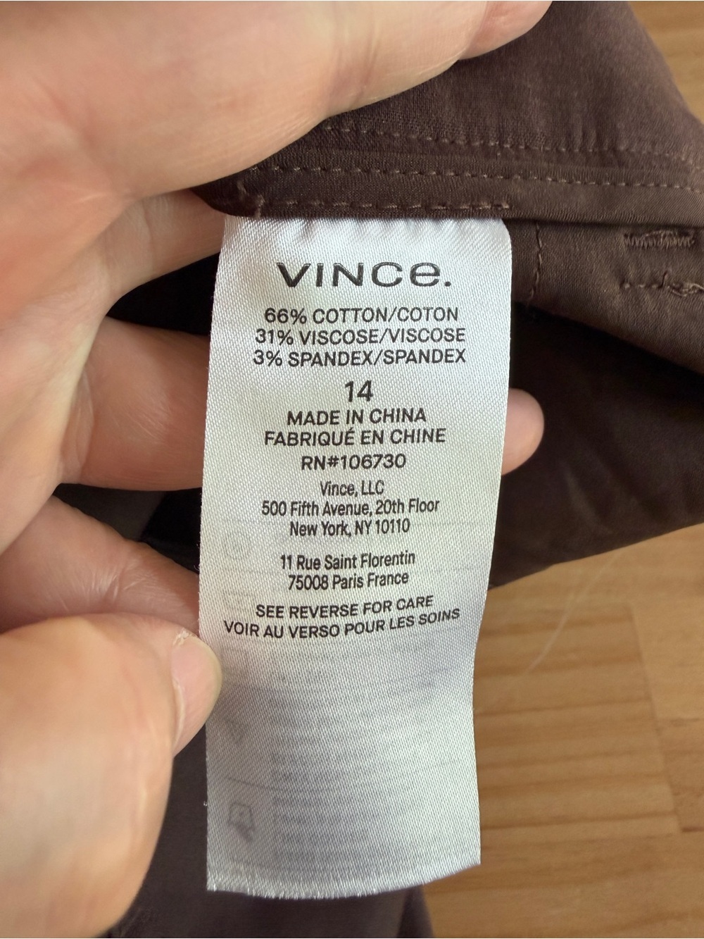 Vince Dark Brown Straight Leg Trousers Size 14 Cotton Viscose Flat Front Pants - Picture 10 of 15